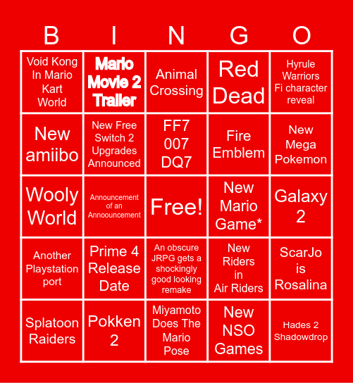 Nintendo Direct Bingo Card