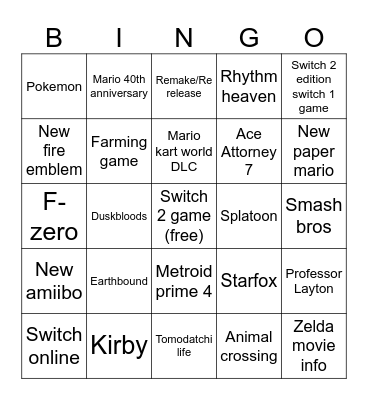 Nintendo Direct Bingo Card