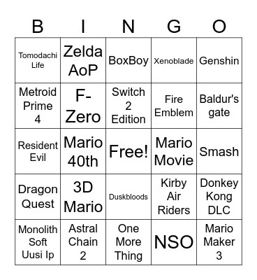 Nintendo Direct 12/9/2025 Bingo Card