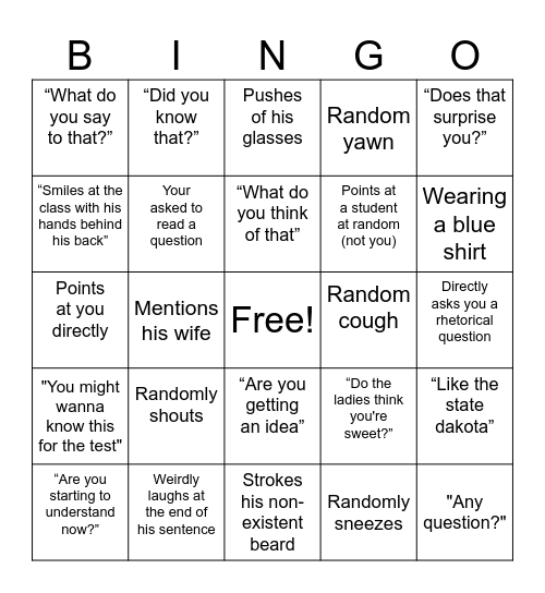 Professor Harvey Bingo Card