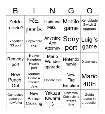 Nintendo Direct alcohol edition Bingo Card