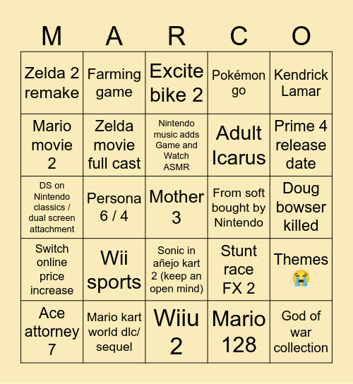 Marco Bingo Card