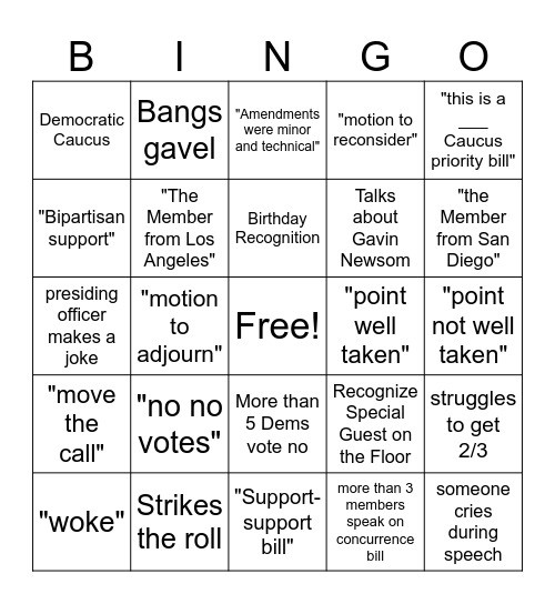 End of Session Bingo Card