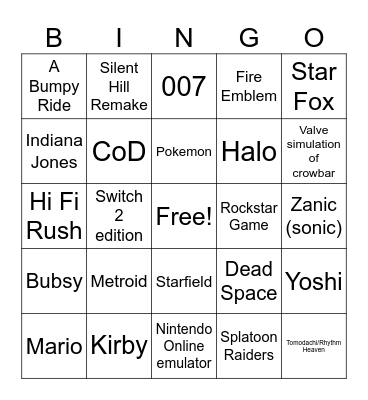 Nintendo Direct Sept 2025 Bingo Card