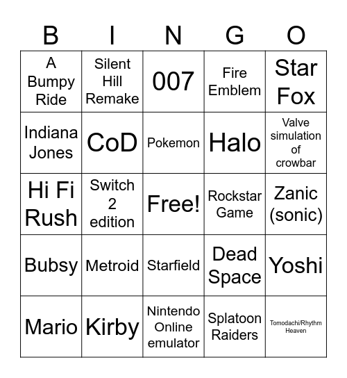 Nintendo Direct Sept 2025 Bingo Card
