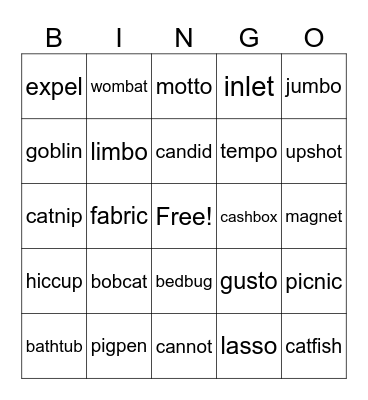 Two Syllable VCCV Bingo Card