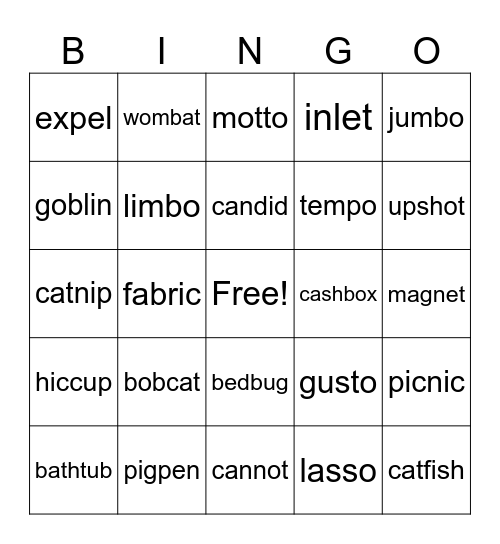 Two Syllable VCCV Bingo Card
