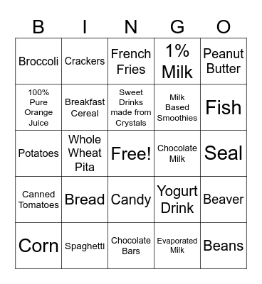 Nutrition Bingo Card
