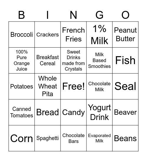 Nutrition Bingo Card