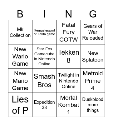 Nintendo Direct Bingo Card