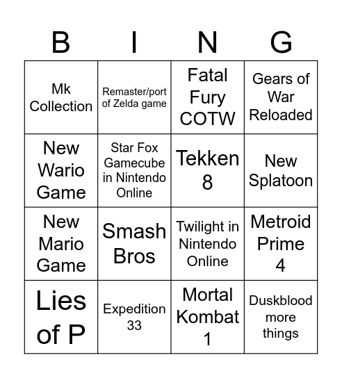 Nintendo Direct Bingo Card