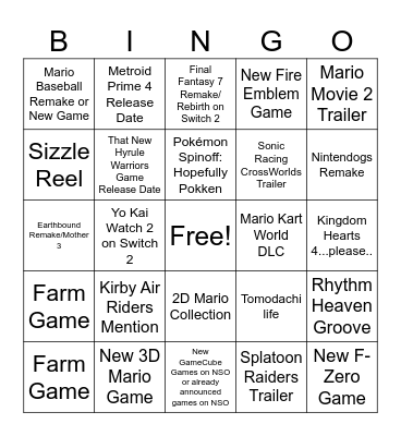 Nintendo Direct: 9/12/25 Bingo Card