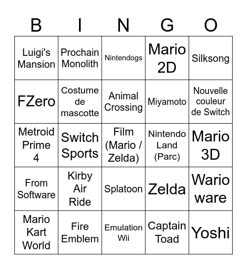 Nintendo Direct 2025 Bingo Card