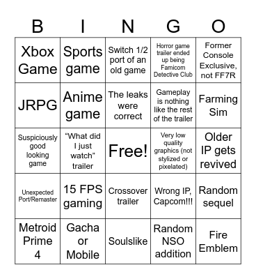 September 12th Nintendo Direct Bingo Card