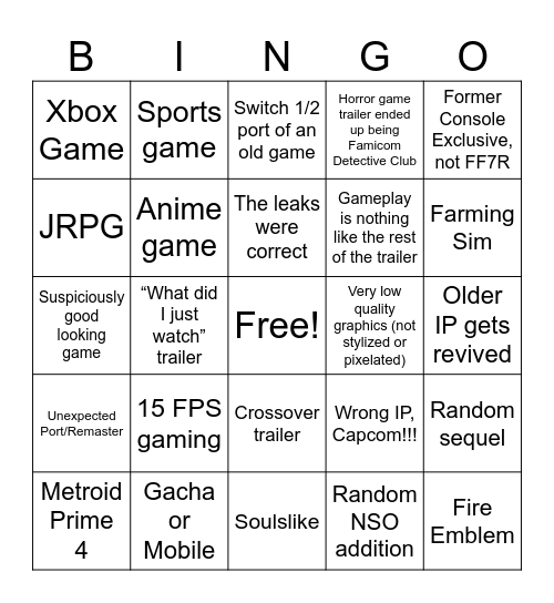 September 12th Nintendo Direct Bingo Card