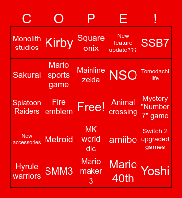 Nintendo direct 9.12.2025 Bingo Card