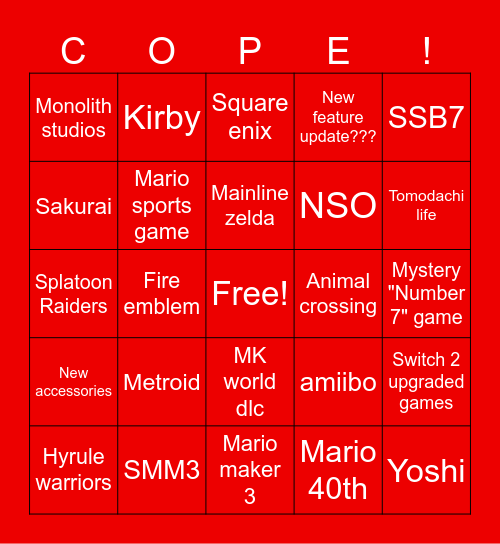 Nintendo direct 9.12.2025 Bingo Card