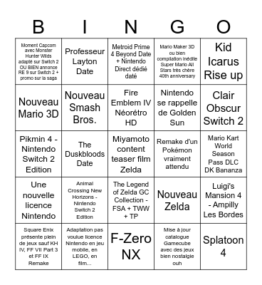 60 minutes de Nintendo Direct Bingo Card
