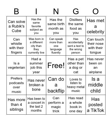 Getting to Know You Bingo Card