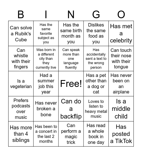 Getting to Know You Bingo Card