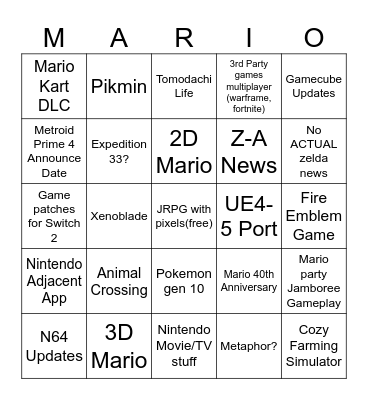 Nintendo Direct 9/12/25 Bingo Card