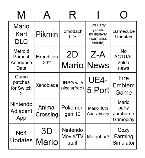 Nintendo Direct 9/12/25 Bingo Card