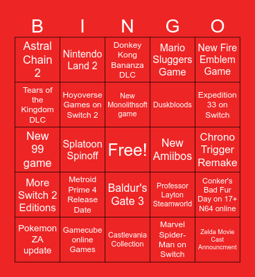 Nintendo Direct Bingo Card