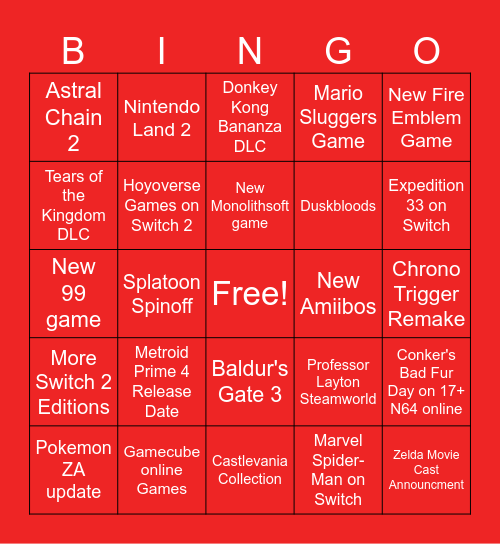 Nintendo Direct Bingo Card
