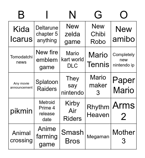 Nintendo Direct bingo Card