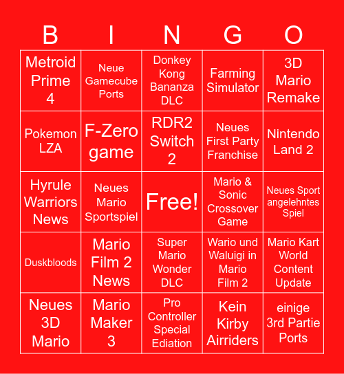 Nintendo Direct Bingo Card