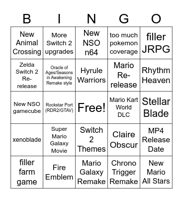 Nintendo Direct 9/12 Bingo Card