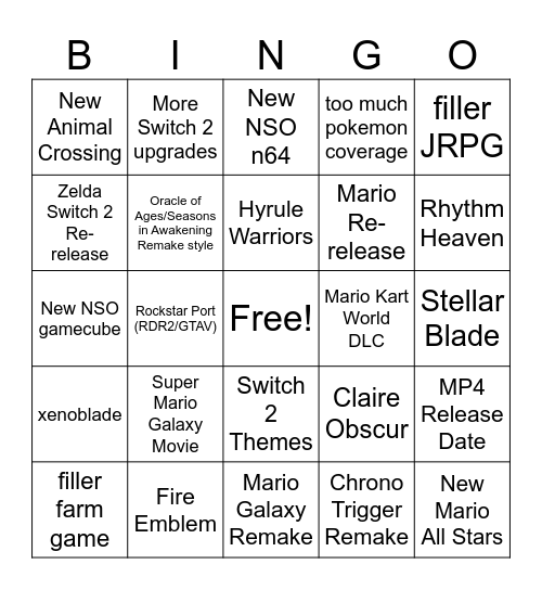 Nintendo Direct 9/12 Bingo Card
