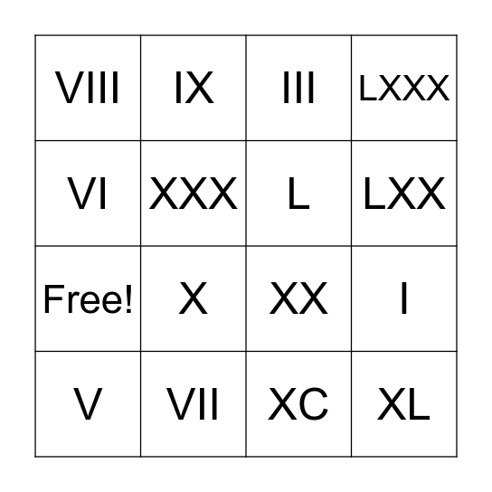 Roman Numeral Bingo Card
