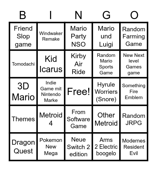 Nintendo Direct Bingo Card