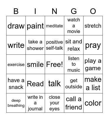Coping Skills Bingo Card