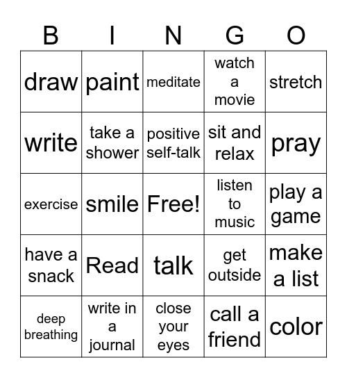 Coping Skills Bingo Card