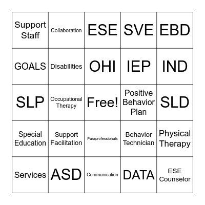 ESE Lingo Bingo Card
