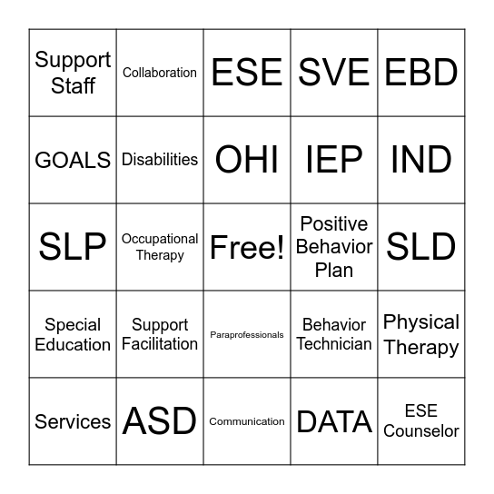 ESE Lingo Bingo Card