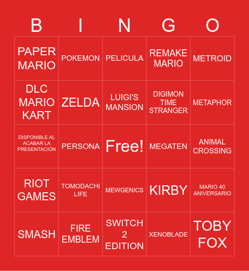 NINTENDO DIRECT 12/09/2025 Bingo Card