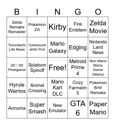Nintendo Direct Bingo Card