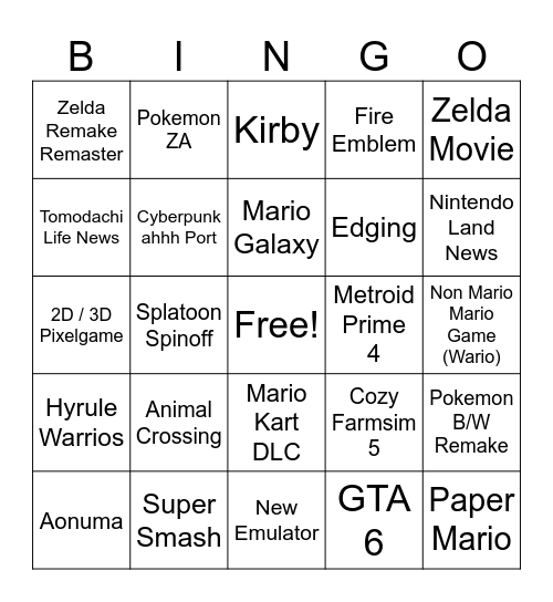 Nintendo Direct Bingo Card