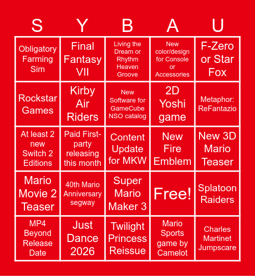 Nintendo Direct September 2025 Bingo Card