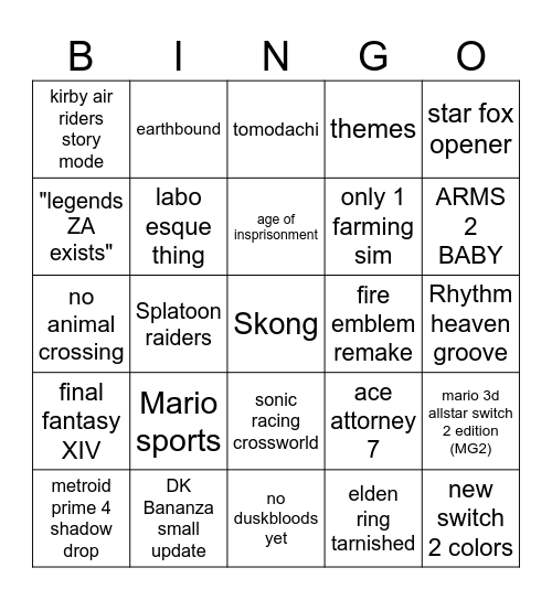 nintendo direct Bingo Card