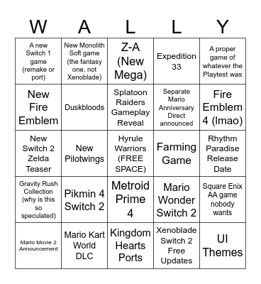 NINTENDO DIRECT Bingo Card