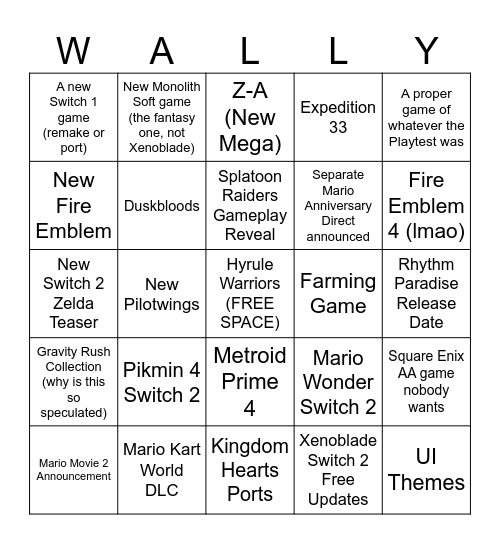 NINTENDO DIRECT Bingo Card