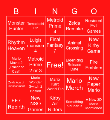Nintendo Direct Bingo Card