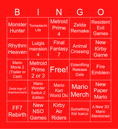 Nintendo Direct Bingo Card