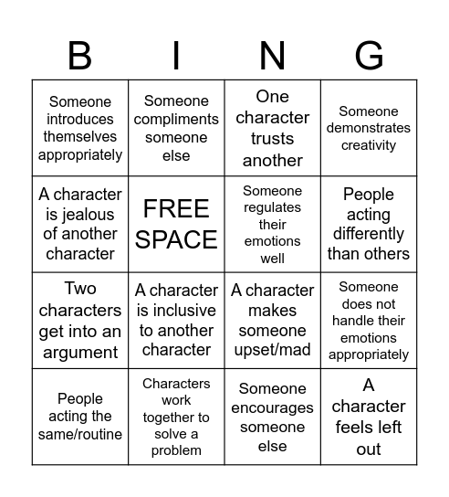 social skills bingo Card