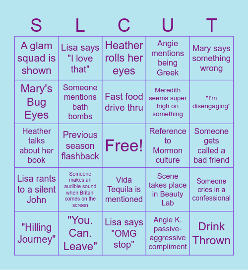 Real Housewives of SLC Bingo Card