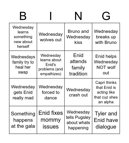 Wednesday & Enid swap Bingo Card